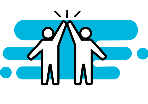 Ilustração de duas pessoas lado a lado, um dos braços levantados e tocando as palmas um do outro no alto.